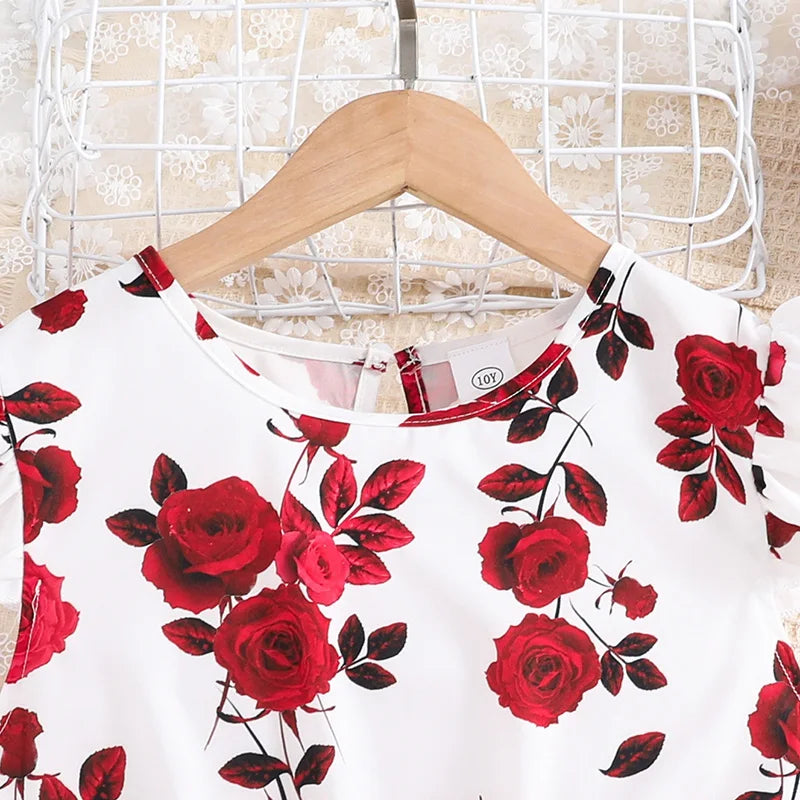 Set For Kids Girl 8-12 Years Ruffled Sleeve Rose Floral Print Tulle Cute Princess Formal Dresses with Belt Ootd For Baby Girls