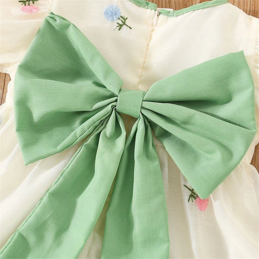 Summer Flower Embroidered Chiffon Dress for Baby Girl Birthday Dress High Quality Kids Clothes Send Big Bow