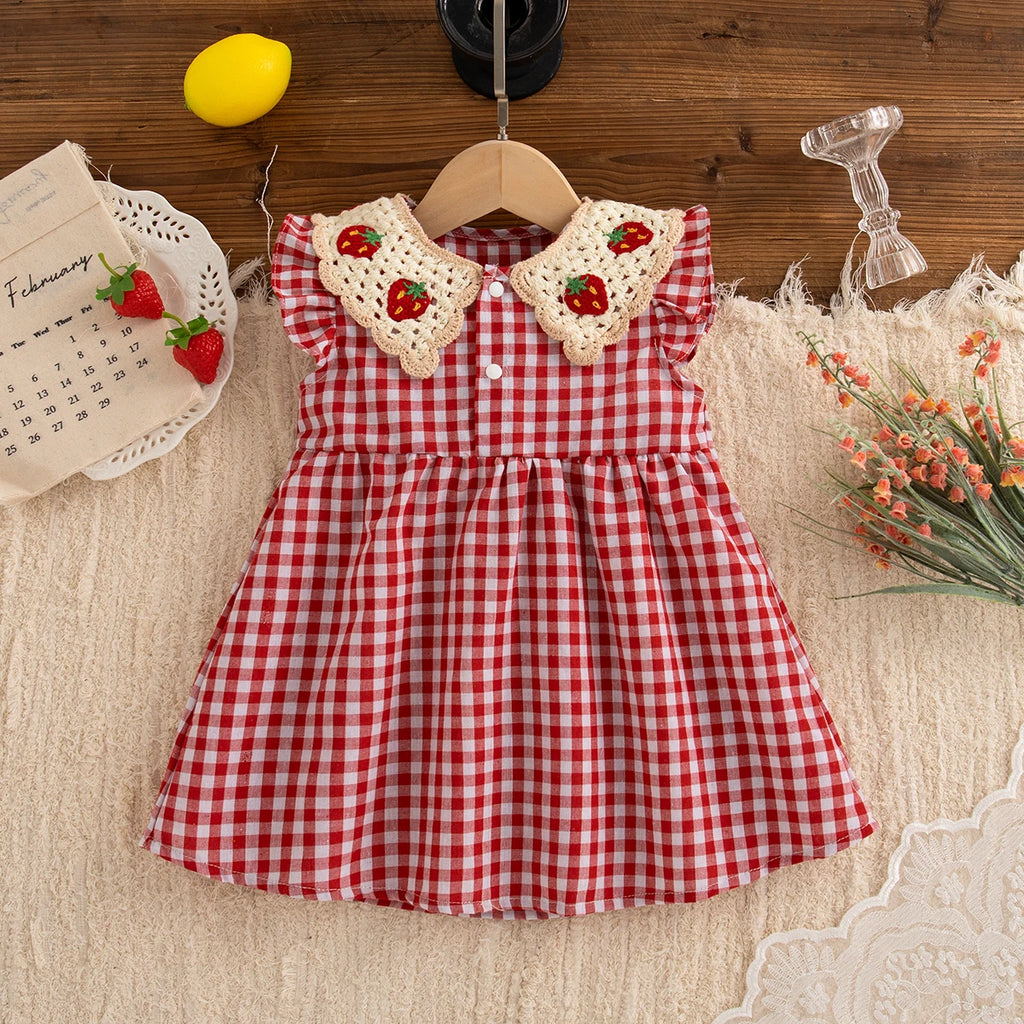 Baby Girl Dress Summer Red Checkered Cotton Girl Dress Cute Strawberry Lapel Girl Beach Dress