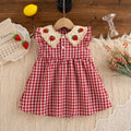 Baby Girl Dress Summer Red Checkered Cotton Girl Dress Cute Strawberry Lapel Girl Beach Dress