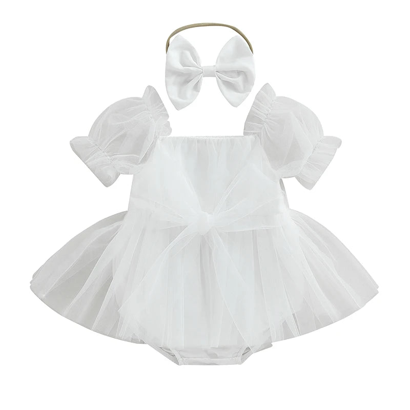 0-24M Infant Baby Girl Romper Dress Solid Color Short Sleeve Front Bowknot Tulle Jumpsuit Headband Baby Girl Summer Clothes