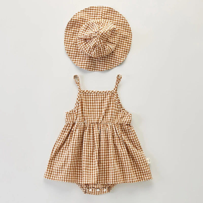 Newborn Baby Girls Jumpsuit+Hat Sleeveless Cotton Plaid Toddler Baby Girl Dress Romper Baby Girls Clothes For Summer