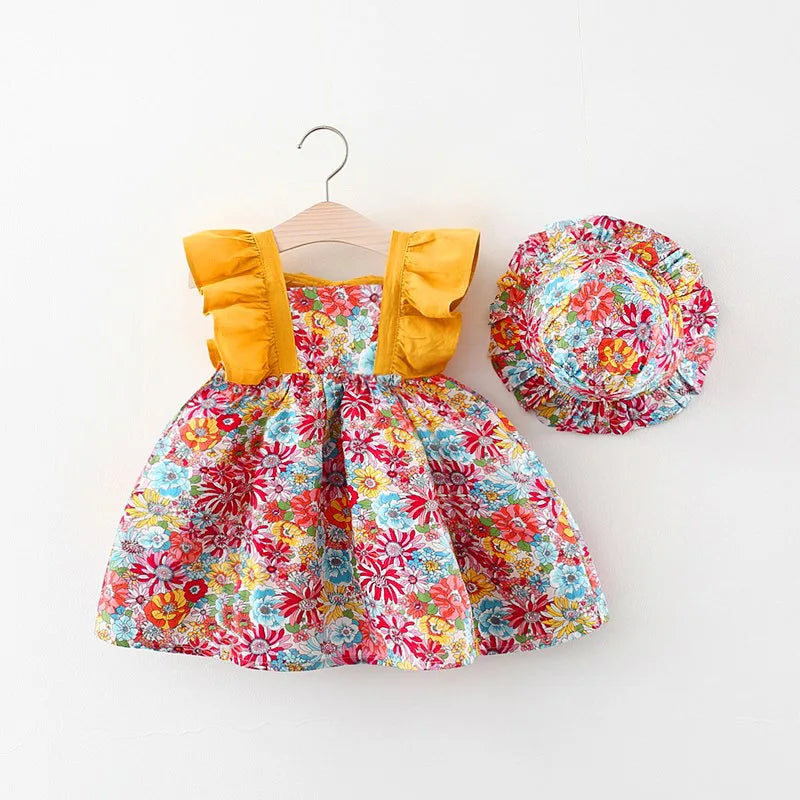 2 Pcs Baby Girl Summer New Dress Sweet Fragmented Flower Flying Sleeves Princess Dress Comes with Hat Suitable for Aged 80-110