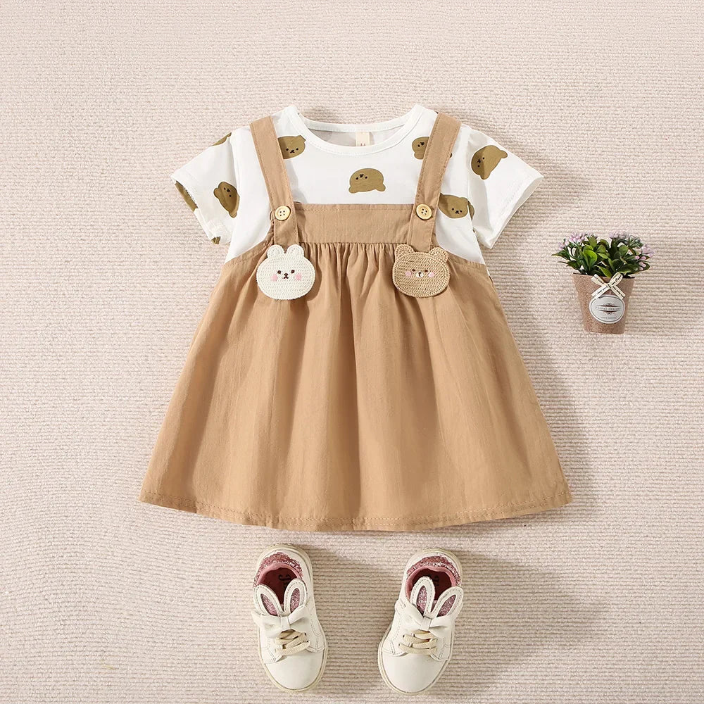 Summer Baby Girl Cotton Teddy Bear Printed Short Sleeved Dress For Girls Fake Two-Piece Strap Dress Cute Dress