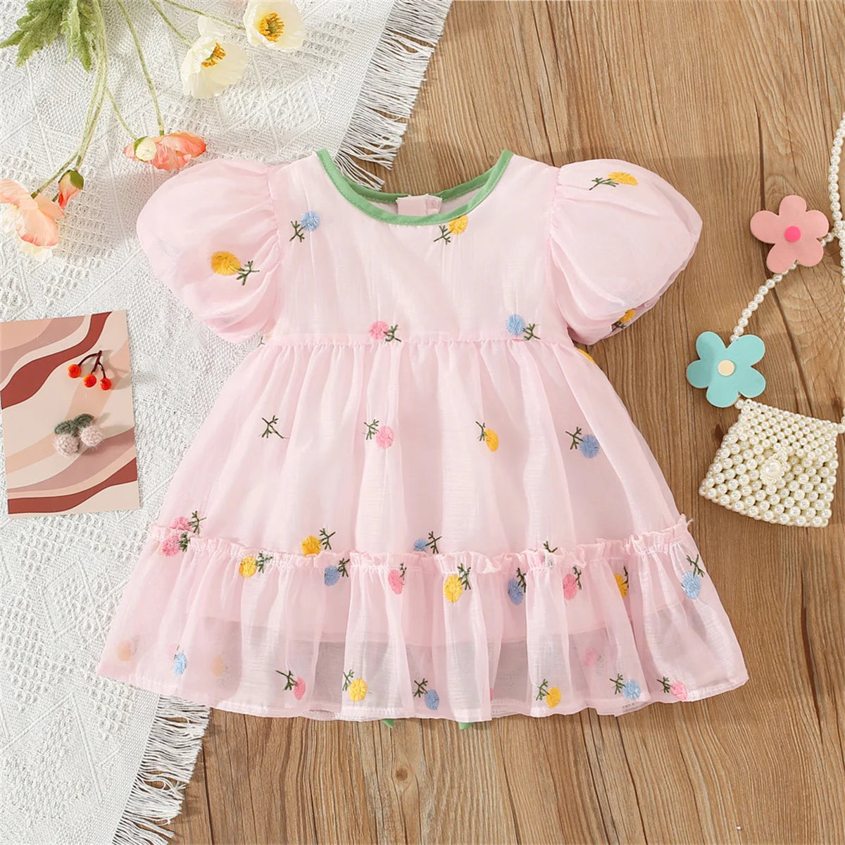 Summer Flower Embroidered Chiffon Dress for Baby Girl Birthday Dress High Quality Kids Clothes Send Big Bow