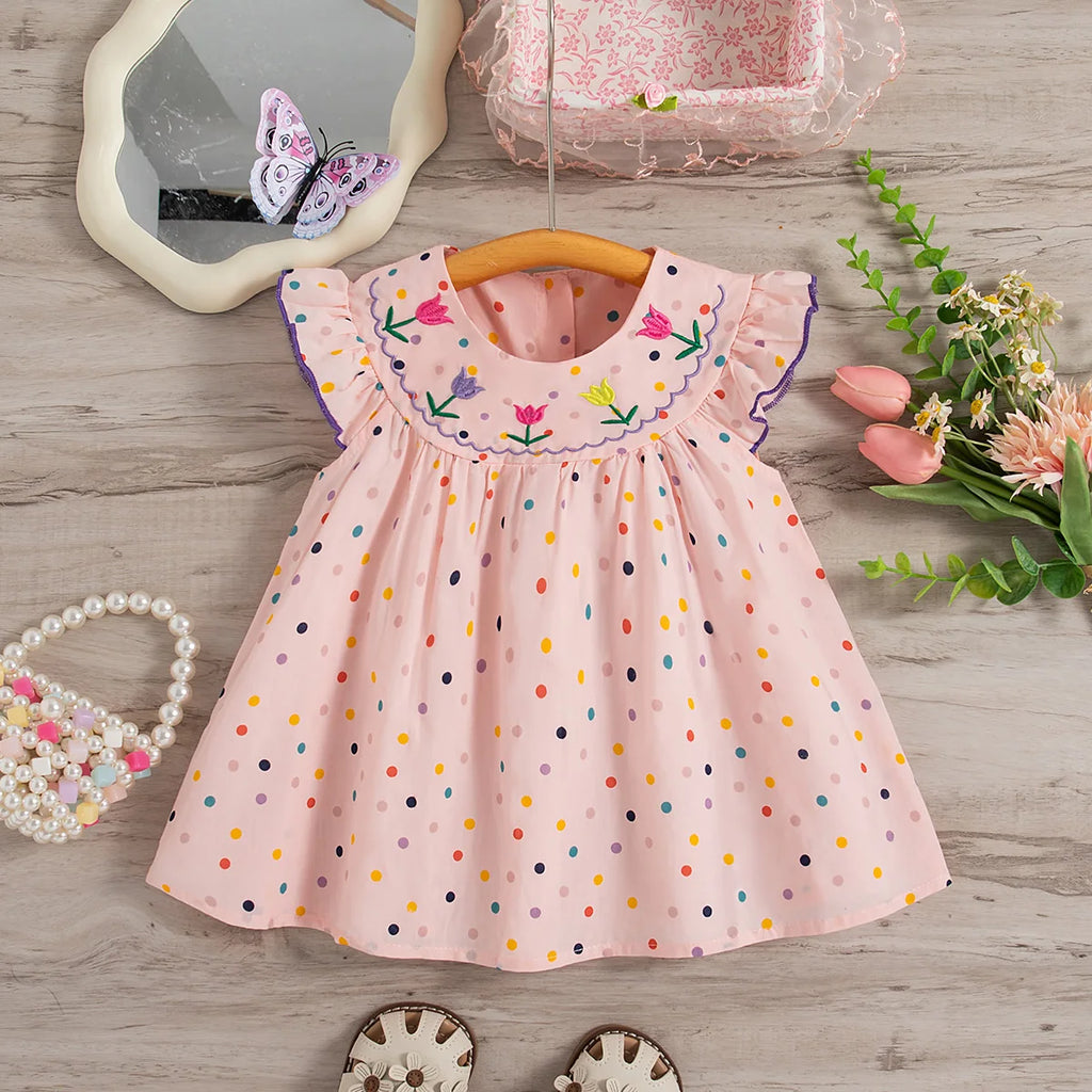 Baby Girl Dress Summer Colorful Polka Dot Flower Embroidery Girls Princess Dress Cute Girls Beach Dresses