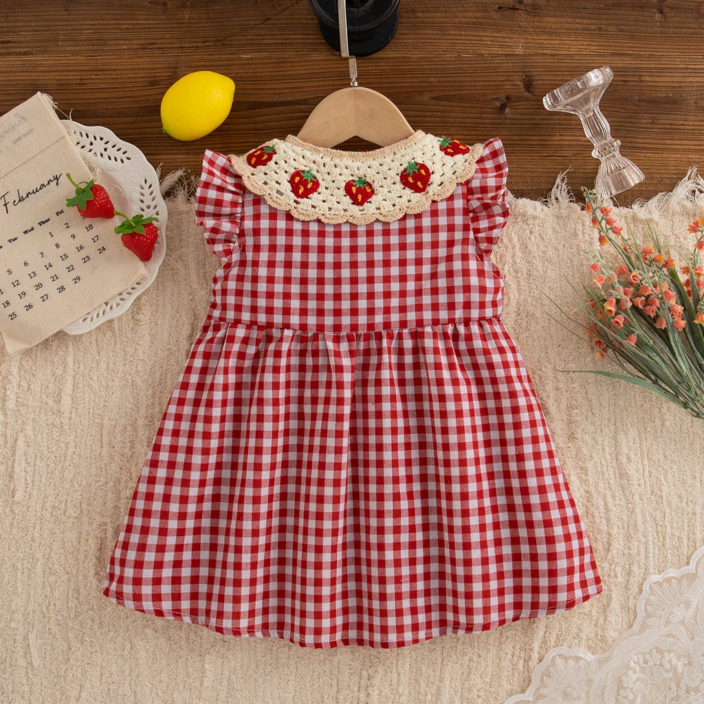 Baby Girl Dress Summer Red Checkered Cotton Girl Dress Cute Strawberry Lapel Girl Beach Dress