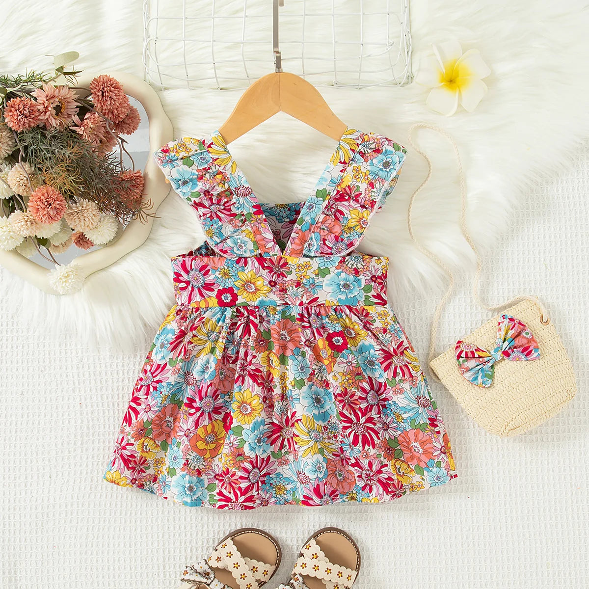 2 Pcs Summer Baby Girl Dress Fashionable Floral Fly Sleeve Cotton Dress