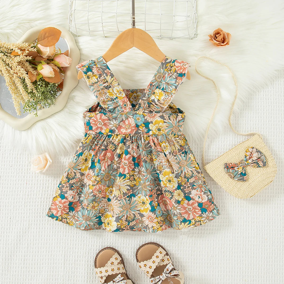 2 Pcs Summer Baby Girl Dress Fashionable Floral Fly Sleeve Cotton Dress