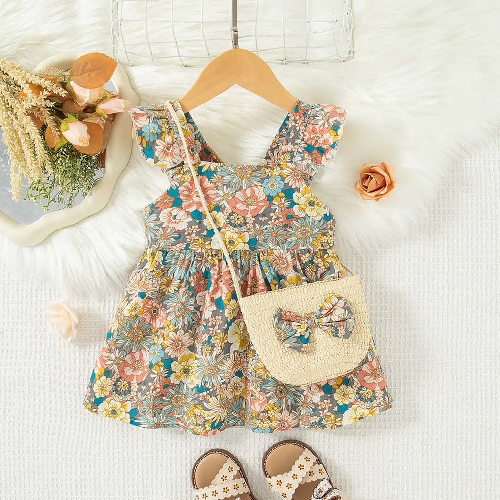 2 Pcs Summer Baby Girl Dress Fashionable Floral Fly Sleeve Cotton Dress