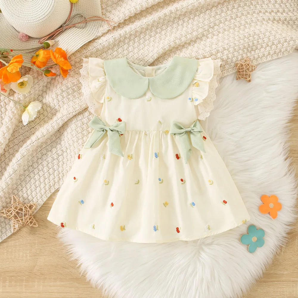 Summer New Baby Girls Dress Sweet Princess Dress A-Line Dress Lace Lace Pleated Bow Flower Embroidery Sweet Princess Dress