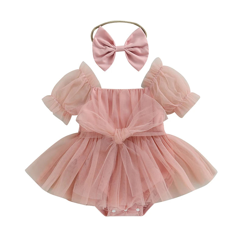 0-24M Infant Baby Girl Romper Dress Solid Color Short Sleeve Front Bowknot Tulle Jumpsuit Headband Baby Girl Summer Clothes