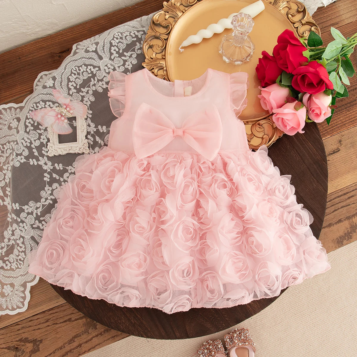 (0-3 Year Old Baby Girl Princess Dress) Summer New Red Bow, Rose Skirt, Children'S Sleeveless Clothes Suitable For Wedding Party