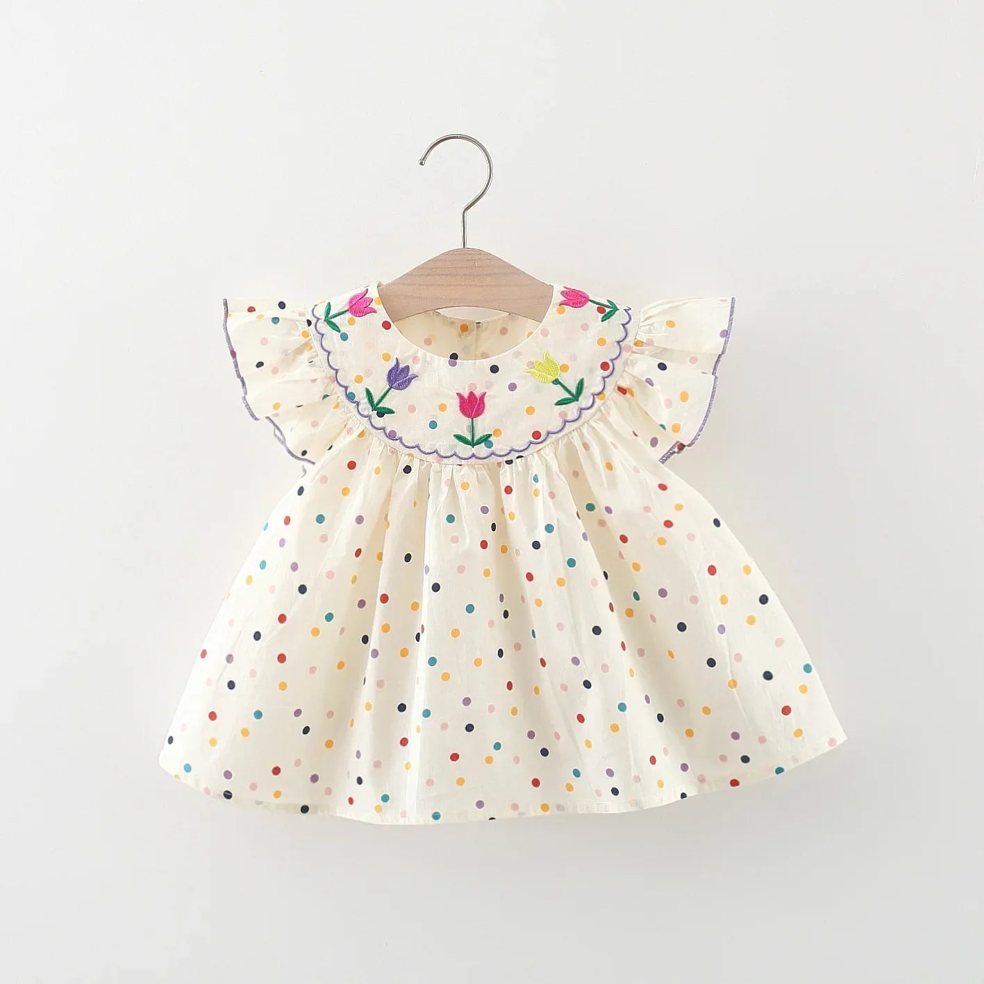 Baby Girl Dress Summer Colorful Polka Dot Flower Embroidery Girls Princess Dress Cute Girls Beach Dresses