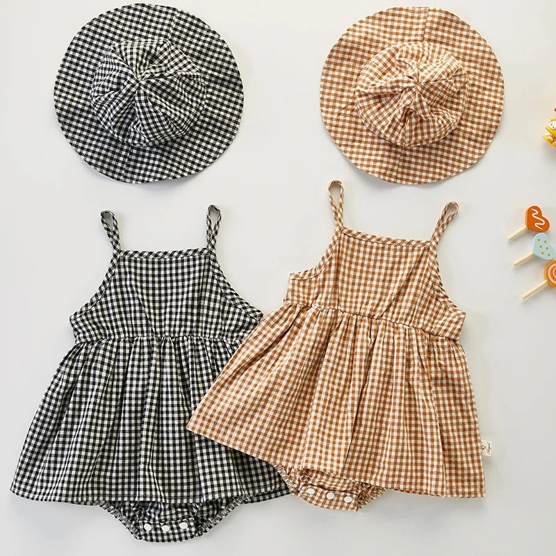 Newborn Baby Girls Jumpsuit+Hat Sleeveless Cotton Plaid Toddler Baby Girl Dress Romper Baby Girls Clothes For Summer