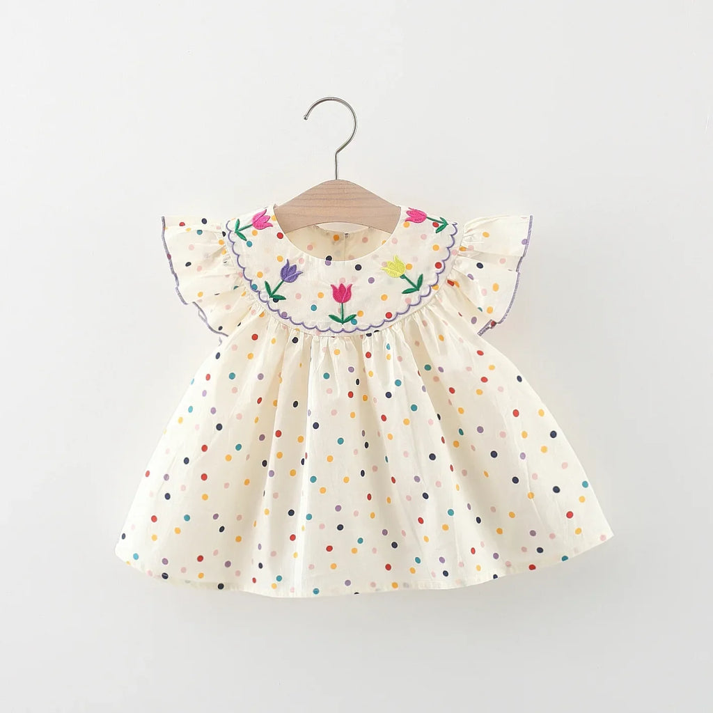 Baby Girl Dress Summer Colorful Polka Dot Flower Embroidery Girls Princess Dress Cute Girls Beach Dresses