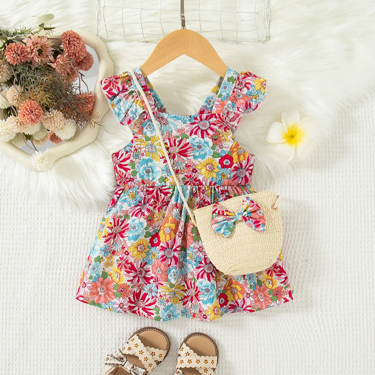 2 Pcs Summer Baby Girl Dress Fashionable Floral Fly Sleeve Cotton Dress