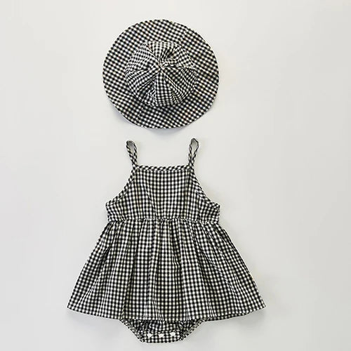 Newborn Baby Girls Jumpsuit+Hat Sleeveless Cotton Plaid Toddler Baby Girl Dress Romper Baby Girls Clothes For Summer