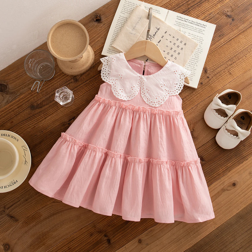 Baby Girl Clothes Summer Cotton Solid Color Lapel Sleeveless Baby Girl Dresses Cute Girls Beach Dresses