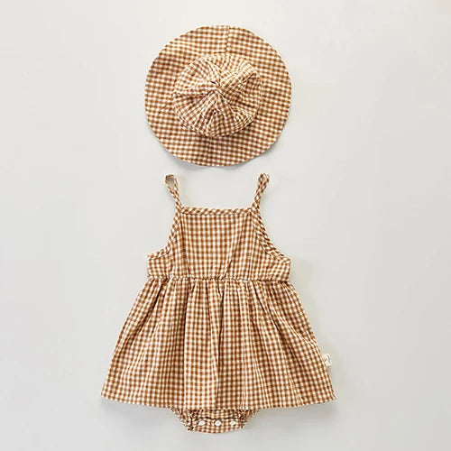 Newborn Baby Girls Jumpsuit+Hat Sleeveless Cotton Plaid Toddler Baby Girl Dress Romper Baby Girls Clothes For Summer