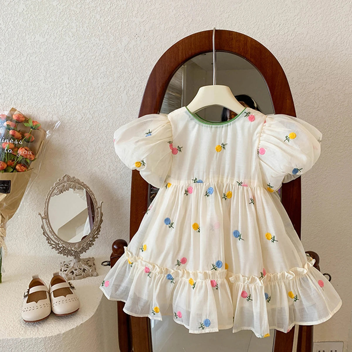 Summer Flower Embroidered Chiffon Dress for Baby Girl Birthday Dress High Quality Kids Clothes Send Big Bow