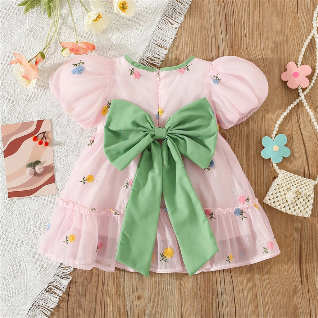 Summer Flower Embroidered Chiffon Dress for Baby Girl Birthday Dress High Quality Kids Clothes Send Big Bow