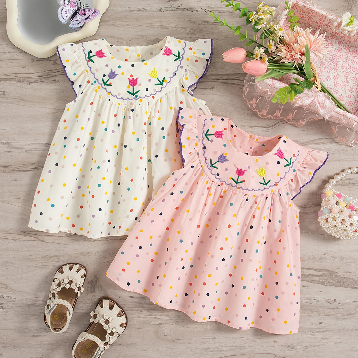 Baby Girl Dress Summer Colorful Polka Dot Flower Embroidery Girls Princess Dress Cute Girls Beach Dresses